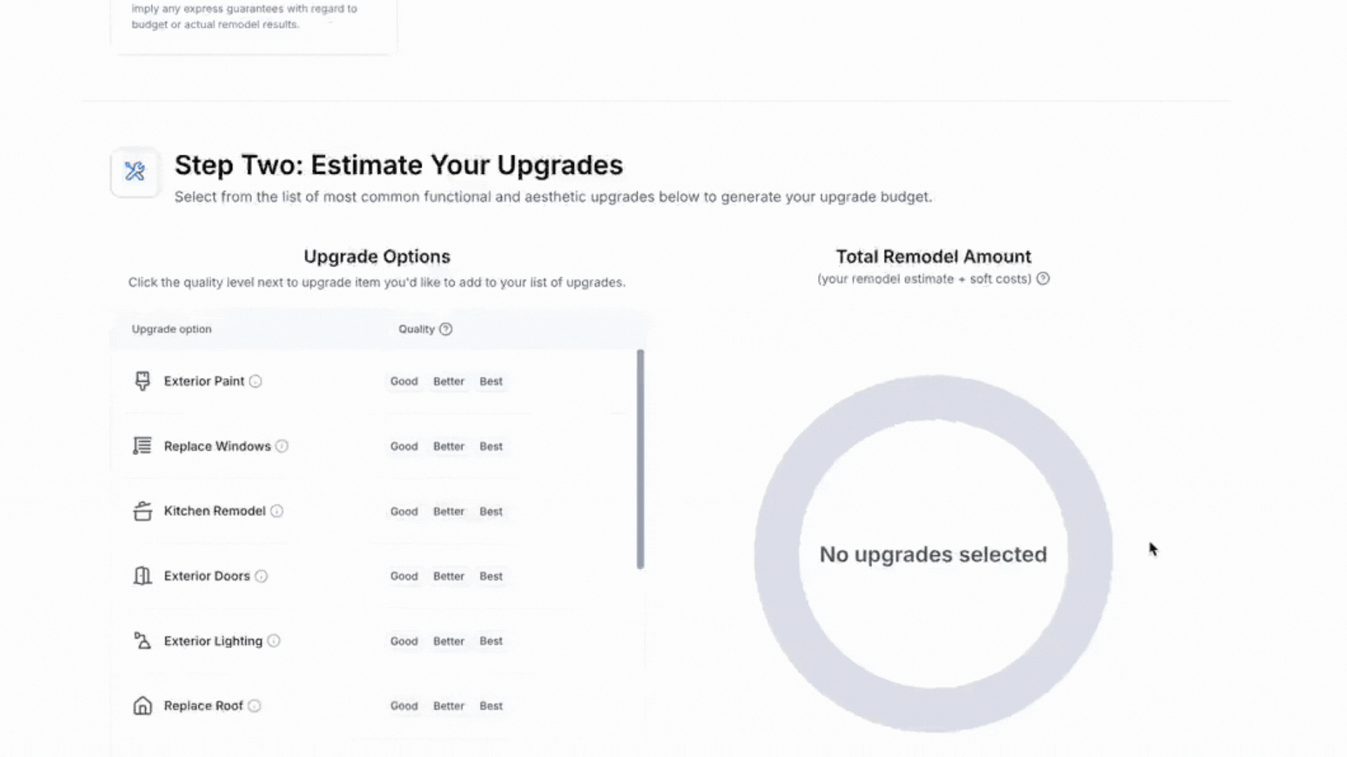 Choose upgrades and see costs
